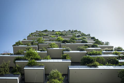 skyscraper, balcony, building, keep, city, structure, urban, plant, no people, architecture, nature, day, sky, tree, clear sky, sunlight, growth, outdoors, built structure, green color, potted plant, sunny, building exterior, copy space, in a row, high angle view, concrete, hedge, 4K, CC0, public domain, royalty free