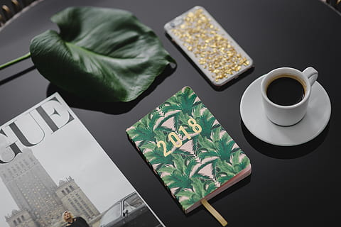 top, view, black, table, 2018 calendar agenda, cup, food and drink, mug, drink, coffee, coffee cup, coffee - drink, high angle view, indoors, food, wireless technology, refreshment, technology, studio shot, no people, saucer, crockery, freshness, hot drink, 5K, CC0, public domain, royalty free