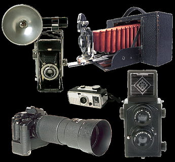 aparat foto, obiectiv, transformare, obiect, fotografie, fotografii tematice, aparat de fotografiat - echipament fotografic, tehnologie, Fundal negru, natură moartă, studio shot, echipament fotografic, nici o persoana, a închide, în interior, masa, stil retro, alegere, variație, culoare neagră, camera digitala, Sesiuni foto, obiectiv - instrument optic, camera video de acasă, 720P, CC0, domeniu public, fără drepturi de autor