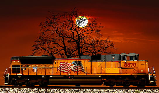 zonsondergang, train amerikaans, boom, soiree, hemel, schemering, silhouet, zomer, vervoer-, spoor transport, spoor, spoorlijn, trein, trein - voertuig, vervoer, wijze van transport, Oranje kleur, openbaar vervoer, geen mensen, fabriek, natuur, bedrijf, vrachtvervoer, landvoertuig, goederentrein, buitenshuis, beweging, schoolbus, Spoorwegauto, 2K, CC0, publiek domein, royaltyvrij