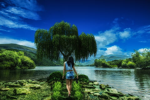 donna, blu, pantaloncini di jeans, a piedi, albero, accanto, lago, sfondo, bellissimo, nube, nuvole, luce del giorno, ragazza, erba, verde, paesaggio, montagne, natura, parco, riflessione, rocce, panoramico, cielo, estate, alberi, acqua, legna, una persona, pianta, bellezza nella natura, retrovisore, persone reali, in piedi, donne, scenics - natura, attività di svago, abbigliamento casual, stili di vita, lunghezza intera, scena non urbana, all'aperto, acconciatura, 5K, CC0, dominio pubblico, privo di copyright