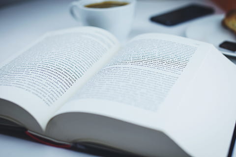 book, reading, study, learning, education, business, school, library, office, desk, publication, close-up, no people, open, indoors, selective focus, paper, page, still life, cup, table, coffee cup, text, food and drink, studio shot, mug, studying, 4K, CC0, public domain, royalty free