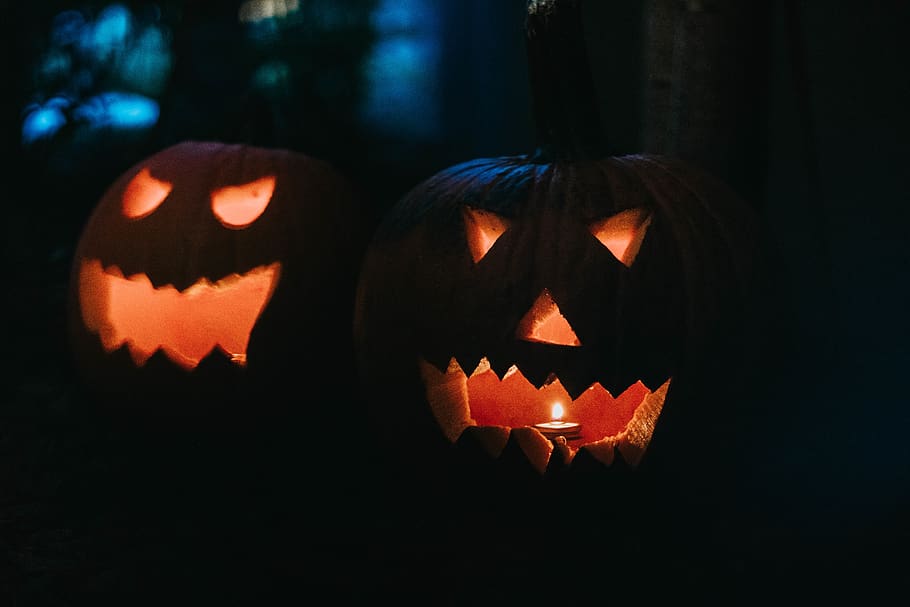 to lyste jack-o'-lanterner, flora, mad, grøntsag, squash, græskar, fremstille, plante, lanterne, lampe, Forenede Stater, los angeles, halloween, human, person, festival, menneskemængde, lys, hoved, jack o 'lantern, fest, antropomorfe, antropomorfe ansigt, ansigt, mad og drikke, kreativitet, Kunst og håndværk, uhyggelig, ingen mennesker, håndværk, belyst, orange farve, carving - håndværk produkt, repræsentation, sort baggrund, 5K