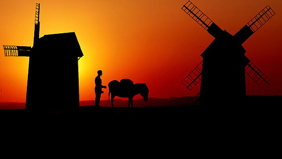 puesta de sol, molino, munier, moler, pierre, energía, antiguo, harina, silueta, cielo, animales domesticos, color naranja, mamífero, arquitectura, naturaleza, gente, nacional, mascotas, ganado, al aire libre, animal de trabajo, en pie, conservación del medio ambiente, fauna animal, dos personas, 4K, CC0, dominio público, libre de derechos
