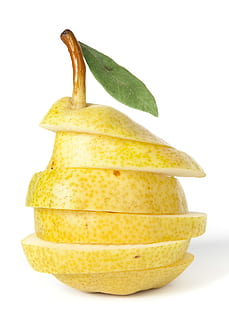 pară, pere, frunze, felie, feliat, fruct, alb, alimente, nimeni, studio, sănătos, gustos, nutriție, fundal alb, studio shot, galben, mancare si bautura, elimina, în interior, natură moartă, prospeţime, mâncat sănătos, nici o persoana, a închide, bunăstare, un singur obiect, mancare cruda, copt, organic, 2K, CC0, domeniu public, fără drepturi de autor