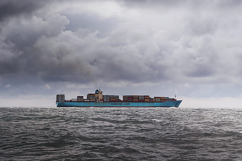 blue, cargo ship, sea, white, clouds, boat, cargo, containers, logistics, ocean, ship, transport, transportation, vessel, water, watercraft, waves, cloud - sky, nautical vessel, sky, mode of transportation, architecture, nature, built structure, building exterior, freight transportation, waterfront, building, day, shipping, scenics - nature, outdoors, no people, 4K, CC0, public domain, royalty free