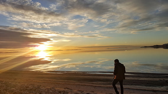 tramonto, a piedi, spiaggia, solo, apprendimento, uomo, pensiero, determinato, isola delle antilopi, Utah, grande lago salato, cielo, una persona, persone reali, nuvola - cielo, bellezza nella natura, stili di vita, in piedi, terra, attività di svago, scenics - natura, retrovisore, la tranquillità, acqua, scena tranquilla, natura, mare, lunghezza intera, sole, all'aperto, orizzonte sull'acqua, guardando a vista, 5K, CC0, dominio pubblico, privo di copyright