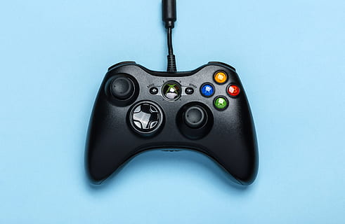 black, microsoft xbox game controller, buttons, close-up, console, control, controller, device, digital, electronics, entertainment, equipment, gaming, joystick, modern, technology, xbox, studio shot, indoors, blue, colored background, no people, blue background, black color, single object, directly above, science, metal, healthcare and medicine, high angle view, education, electronics industry, cut out, electrical equipment, 5K