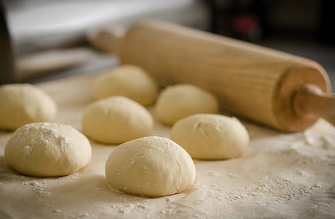 wheat, beside, brown, wooden, rolling, pin, bake, bakery, baking, buns, dough, flour, kitchen, rolling pin, food, food and drink, freshness, indoors, domestic room, preparation, no people, close-up, italian food, selective focus, chinese food, pasta, healthy eating, wellbeing, focus on foreground, asian food, 4K, CC0, public domain, royalty free