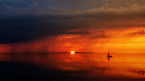 sailboat, body, water, daytime, backlit, clouds, dawn, ocean, orange, sailing, sea, sun, sunrise, sunset, sky, cloud - sky, beauty in nature, orange color, scenics - nature, tranquil scene, tranquility, nature, idyllic, no people, reflection, dramatic sky, outdoors, horizon over water, sunlight, 5K, CC0, public domain, royalty free