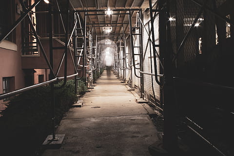 pathway interior, corridor, city, building, banister, handrail, road, street, town, urban, indoors, night, dark, orange, long exposure, scaffolding, construction, alley, alleyway, warehouse, room, architecture, the way forward, built structure, no people, direction, metal, illuminated, day, nature, diminishing perspective, footpath, lighting equipment, industry, sunlight, absence, wall - building feature, pipe - tube, 5K, CC0, public domain, royalty free