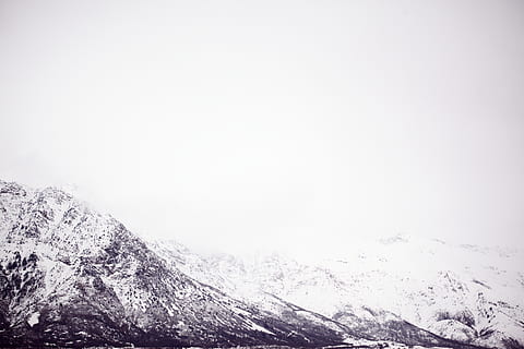 snowcapped mountains, nature, mountain, outdoors, mountain range, ice, snow, peak, glacier, winter, landscape, space, storm, slope, plant, tree, abies, fir, no people, black and white, open, cold temperature, scenics - nature, beauty in nature, environment, tranquil scene, tranquility, snowcapped mountain, sky, non-urban scene, fog, day, copy space, mountain peak, coniferous tree, extreme weather, pine tree, blizzard, 5K, CC0, public domain, royalty free