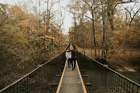Due, persone, ponte, umano, persona, costruzione, ponte sospeso, ponte di corda, passerella, ringhiera, corrimano, sentiero, pista, strisciando, alloggiamento, città universitaria, pedone, bunker, doppio, placca, una persona, albero, persone reali, attività di svago, stili di vita, lunghezza intera, pianta, la strada davanti, retrovisore, architettura, natura, in piedi, giorno, direzione, struttura costruita, adulto, connessione, ponte - struttura fatta dall'uomo, all'aperto, modificare, braccio umano, 2K, CC0, dominio pubblico, privo di copyright