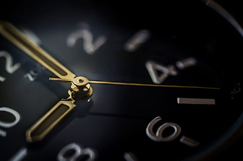 black analog watch, hours, minutes, seconds, time, wristwatch, close-up, indoors, no people, technology, equipment, still life, music, selective focus, metal, machine part, number, single object, black background, full frame, minute hand, focus on foreground, antique, clock hand, communication, black color, 2K, CC0, public domain, royalty free
