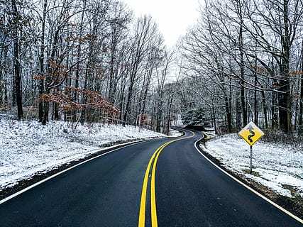 carretera buida, viatjar, cleveland, ohio, parc estatal, Parc Nacional, parc, hivern, viatge de carretera, carretera, signe, neu, direcció, arbre, transport, el camí a seguir, símbol, temperatura de fred, marcatge, marcatge de carreteres, arbre nu, cap gent, planta, naturalesa, senyal de trànsit, comunicació, doble línia groga, groc, orientació, perspectiva decreixent, a l'aire lliure, 4K, CC0, domini públic, lliure de regalies
