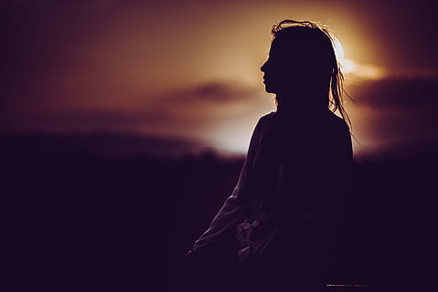 silhouette of person, backlit, clouds, dark, dusk, evening, girl, golden sunset, landscape, outdoors, person, profile, side view, silhouette, sun, sunset, woman, one person, sky, sadness, adult, nature, solitude, cloud - sky, women, depression - sadness, looking, waist up, back lit, tranquility, standing, contemplation, hairstyle, 5K, CC0, public domain, royalty free