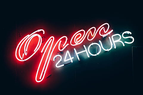 open, 24 hours sign, neon, text, communication, night, red, illuminated, lighting equipment, no people, western script, sign, positive emotion, business, glowing, architecture, nightclub, dark, outdoors, nightlife, copy space, message, brightly lit, 5K, CC0, public domain, royalty free