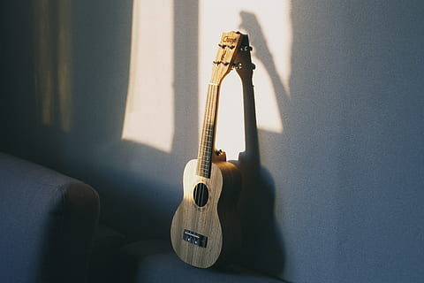 ukulele marrone, musica, strumento a corda, cultura artistica e intrattenimento, strumento musicale, chitarra, attrezzatura musicale, in casa, nessuno, caratteristica della parete, ombra, chitarra acustica, luce del sole, natura morta, interno di casa, stringa, stringa di strumenti musicali, avvicinamento, giorno, stanza domestica, singolo oggetto, chitarra elettrica, 4K, CC0, dominio pubblico, privo di copyright