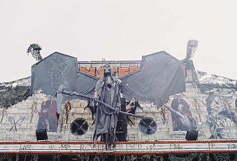 gray, grim, reaper decor, architecture, building exterior, built structure, low angle view, day, no people, sky, nature, clear sky, drying, hanging, outdoors, building, laundry, textile, copy space, clothesline, transportation, clothing, city, 4K, CC0, public domain, royalty free