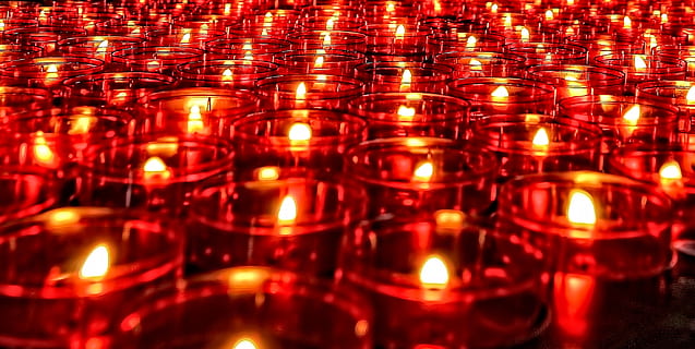 chruch, light, red, candle, flame, patterns, fire, burning, illuminated, lighting equipment, full frame, backgrounds, indoors, in a row, fire - natural phenomenon, no people, glowing, tea light, heat - temperature, belief, religion, spirituality, large group of objects, electric lamp, 2K, CC0, public domain, royalty free