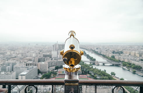 still, items, things, coin, operated, binoculars, telescope, architecture, buildings, city, office, residential, structures, bridge, water, river, boats, sky, clouds, horizon, view, building exterior, cityscape, built structure, coin operated, coin-operated binoculars, nature, metal, day, no people, railing, security, travel destinations, outdoors, focus on foreground, building, bridge - man made structure, hand-held telescope, astronomy, skyscraper, 4K