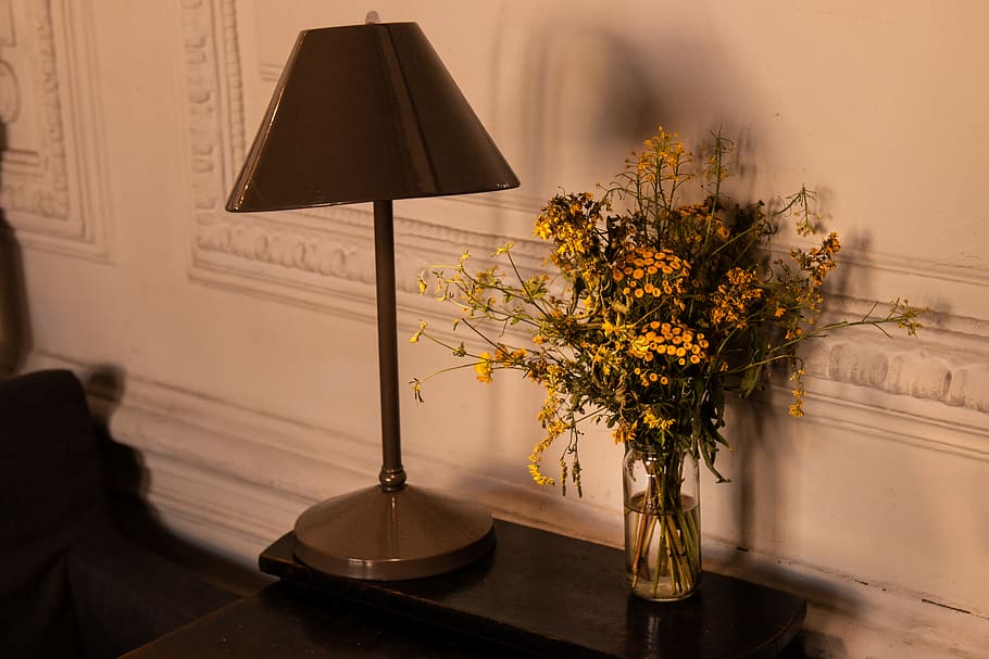 flors, interior, llum, composició, to càlid, groc, planta, a l'interior, equips d’il·luminació, naturalesa, cap gent, planta amb flors, flor, llum elèctrica, gerro, interior de casa, bellesa a la natura, ombra de llum, frescor, habitació domèstica, taula, decoració, casa, absència, vidre - material, il·luminat, cap de flor, electricitat, arranjament floral, 5K