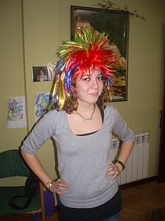 jenni, one person, front view, indoors, standing, lifestyles, real people, leisure activity, portrait, young adult, young women, waist up, three quarter length, women, home interior, hairstyle, looking at camera, casual clothing, feather, dyed hair, 5K, CC0, public domain, royalty free