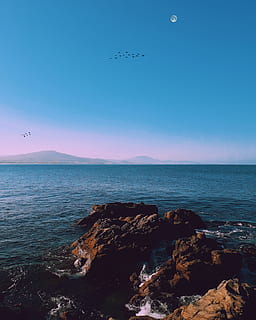 escènic, vista, oceà, alba, platja, cel blau, cel clar, vespre, horitzó, idíl·lic, naturalesa, costa d’oceà, a l'aire lliure, pacífica, fotografia, ondulacions, roques, costa rocosa, mar, paisatge marí, vora del mar, Riba, cel, pedres, navega, tranquil, aigua, escenics - natura, bellesa a la natura, rock, escena tranquil·la, blau, tranquil·litat, rock - object, horitzó sobre l’aigua, sòlid, volant, cap gent, escena no urbana, terra, 2K, CC0, domini públic, lliure de regalies