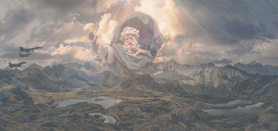Dio, Sig, guerra, armonia, aspetto, aereo da combattimento, avvertimento, attacco, apocalisse, panorama, paesaggio, montagne, acque, modifica delle immagini, montagna, nuvola - cielo, cielo, catena montuosa, bellezza nella natura, ambiente, natura, scenics - natura, all'aperto, giorno, scena non urbana, la tranquillità, destinazioni di viaggio, geologia, religione, nessuno, luce del sole, attività di svago, composito digitale, 5K