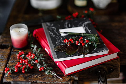 books, fresh, holly, workspace, book, desk, notebook, reading, lifestyle, fresh coconut, red, candles, food and drink, table, plant, food, indoors, no people, wood - material, nature, christmas, celebration, fruit, decoration, selective focus, flower, healthy eating, container, holiday, berry fruit, day, 5K, CC0, public domain, royalty free