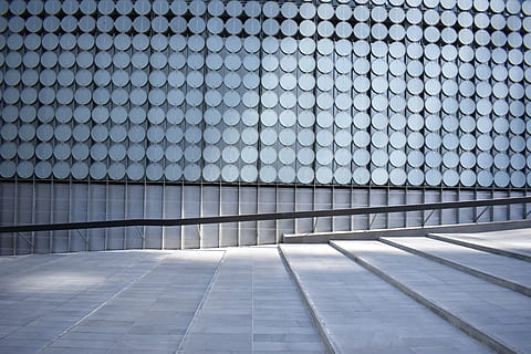 pattern, layer, texture, line, circle, picture frame, light, background, shadow, shade, frame, gray, blue, black, white, silver, landscape, portrait, outdoor, architecture, flooring, metal, built structure, no people, day, building, tile, building exterior, tiled floor, security, modern, outdoors, repetition, backgrounds, barrier, empty, footpath, shape, 5K, CC0, public domain, royalty free