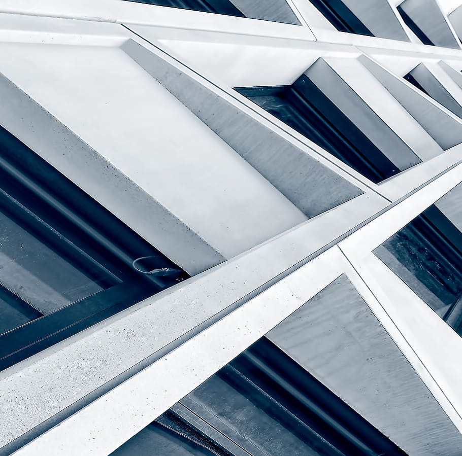 Fassade, Beton, Fenster, diagonal, Fertigteil, die Architektur, abstrakt, Muster, gebaute Struktur, keine Leute, Gebäudehülle, Tag, High Angle View, draußen, Gebäude, modern, Glas - Material, Natur, Blau, Vollbild, weiße Farbe, Reflexion, Metall, 4K
