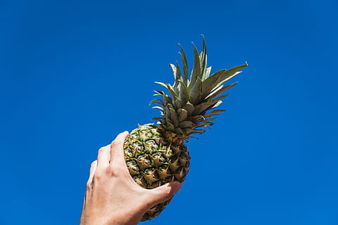 Ananas, Kiefer, Apfel, Obst, fruchtig, Lebensmittel, Gourmet, Natur, oben, Aussicht, Himmel, Blau, Grün, Hand, greifen, fruta, Rico, mano, Stengel, menschliche Hand, menschliches Körperteil, Tropische Frucht, Essen und Trinken, halten, gesundes Essen, eine Person, Frische, Wohlbefinden, kopieren sie platz, farbiger Hintergrund, Studioaufnahme, Wachstum, Blauer Hintergrund, draußen, Finger, 5K, CC0, gemeinfrei, lizenzfrei