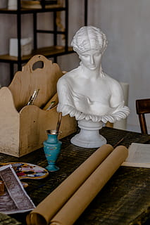 human, headbust, table, art and craft, representation, sculpture, human representation, creativity, craft, statue, male likeness, no people, indoors, workshop, female likeness, bust, carving - craft product, figurine, still life, close-up, wood - material, architecture, 5K, CC0, public domain, royalty free