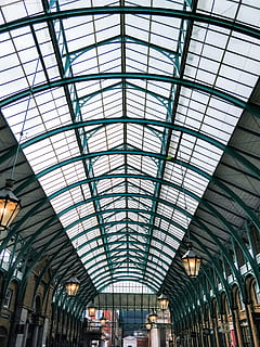 blue, steel roof, new, convert, garden market, architecture, building, ceiling, ceiling lights, ceiling window, city, futuristic, glass, glass items, indoors, inside, light, london, modern, New Convert Garden Market, perspective, reinforcement steel, steel, urban, built structure, transportation, glass - material, shopping mall, roof, public transportation, arch, travel, pattern, low angle view, mode of transportation, retail, railroad station, store, day, skylight, 4K, CC0, public domain, royalty free
