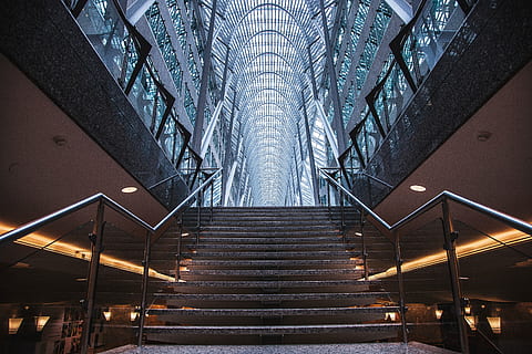 architecture, building, infrastructure, structure, establishment, stairs, classy, staircase, steps and staircases, built structure, illuminated, modern, low angle view, city, no people, the way forward, railing, transportation, indoors, reflection, industry, metal, escalator, connection, office building exterior, steel, skyscraper, 4K, CC0, public domain, royalty free