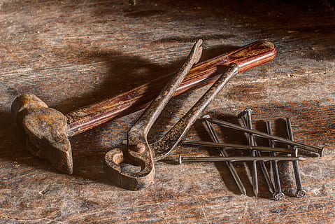 brown, hammer, silver nail, nails, rust, rusty, tools, vintage, wood, workshop, metal, wood - material, old, still life, no people, weathered, obsolete, deterioration, indoors, decline, table, damaged, high angle view, close-up, run-down, equipment, antique, leather, 5K, CC0, public domain, royalty free