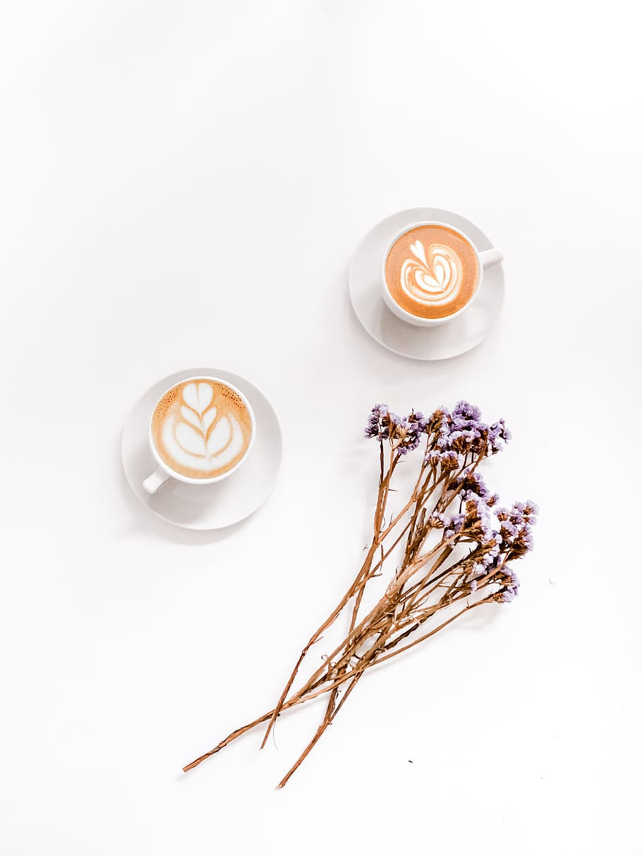 hvide keramiske krus, drikke, mad og drikke, forfriskning, cappuccino, kaffe, varm drikke, kop, krus, kaffe - drikke, kaffekop, skummende drikke, skum kunst, hvid baggrund, stilleben, blomst, mad, latte, blomstrende plante, ingen mennesker, plante, porcelæn, morgenmad, 4K