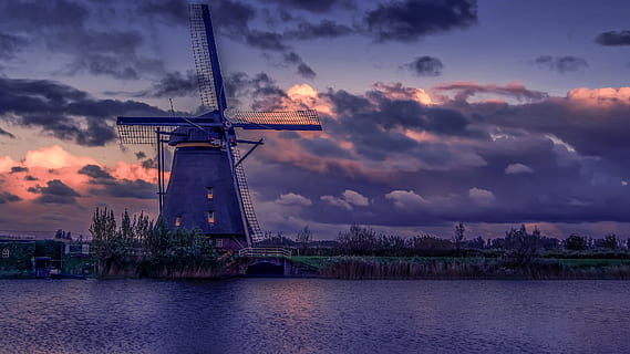 windmolen, rivier-, zonsondergang, architectuur, brug, wolken, dageraad, Slijper, landschap, molen, natuur, reflectie, toneel-, hemel, toerisme, bomen, wolk - lucht, milieubehoud, ingebouwde structuur, water, hernieuwbare energie, alternatieve energie, brandstof en stroomopwekking, turbine, windturbine, milieu, geen mensen, buitenkant van het gebouw, windkracht, waterkant, buitenshuis, 1080P, CC0, publiek domein, royaltyvrij
