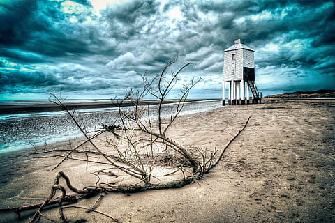 driftwood, beach shore, beach, blue, clouds, coast, landscape, lighthouse, nature, ocean, sand, sea, seascape, seashore, shore, sky, water, waves, cloud - sky, architecture, tower, built structure, land, building exterior, scenics - nature, building, safety, storm, guidance, no people, outdoors, 2K, CC0, public domain, royalty free