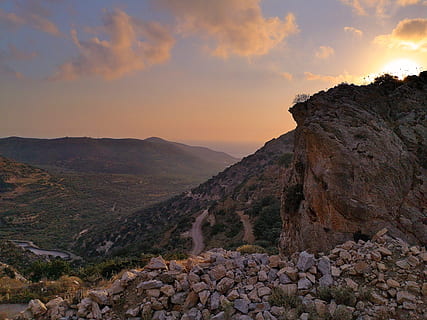 mountain, body, water, backlit, clouds, dawn, evening, grass, grassland, gray sky, hill, landscape, mountains, nature, roads, rocks, rocky, scenic, sunrise, sunset, valley, viewpoint, sky, rock, beauty in nature, solid, scenics - nature, rock - object, cloud - sky, tranquil scene, tranquility, non-urban scene, mountain range, environment, remote, idyllic, rock formation, land, no people, outdoors, formation, 4K, CC0, public domain, royalty free