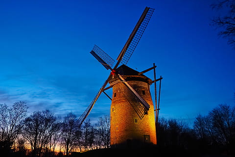 tårn vindmølle, vindmølle, historisk, arkitektur, himmel, landemerke, steder av interesse, verdt et besøk, mill vinge, bygning, vinge, kveld, skumring, Mølle, Krefeld, geismühle, slipe, vindkraft, vindturbin, drivstoff og kraftproduksjon, turbin, fornybar energi, alternativ energi, miljøvern, blå, tradisjonell vindmølle, natur, miljø, tre, lav vinkel visning, teknologi, anlegg, ingen folk, sky - himmel, utendørs, 4K, CC0, offentlig domene, opphavsrett gratis