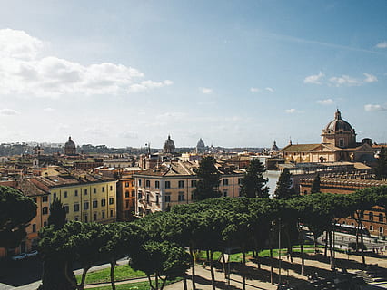 landskab, himmel, træer, arkitektur, ferie, rom, Roma, Italien, italia, gammel by, by, skyline, bygning udvendig, bygget struktur, træ, plante, bygning, natur, boligområde, ingen mennesker, rejsemål, dag, sky - himmel, rejse, udendørs, historie, turisme, fortiden, bybilledet, Spir, 5K, CC0, offentligt domæne, royaltyfrie