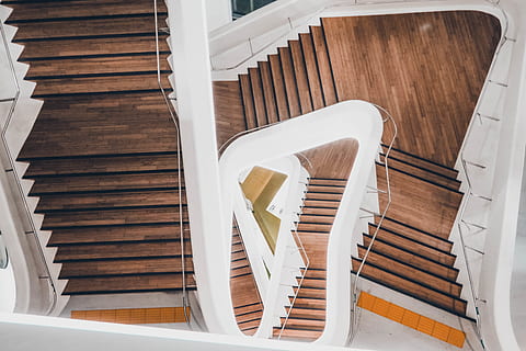 architecture, building, infrastructure, structure, establishment, stairs, ladder, steps and staircases, indoors, wood - material, high angle view, staircase, no people, railing, spiral, still life, pattern, brown, built structure, design, directly above, table, white color, creativity, wood, day, 5K, CC0, public domain, royalty free