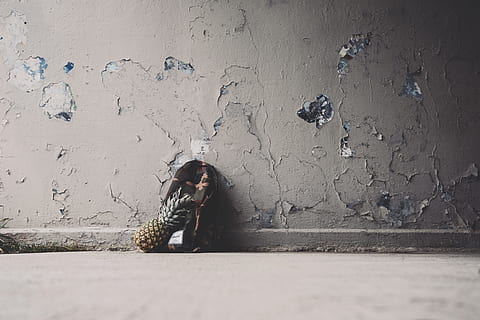 pineapple, exotic, fruit, rustic, rustique, wall, one person, wall - building feature, full length, real people, architecture, front view, lifestyles, young adult, day, sadness, emotion, built structure, depression - sadness, women, sitting, adult, leisure activity, young women, outdoors, warm clothing, social issues, 5K, CC0, public domain, royalty free