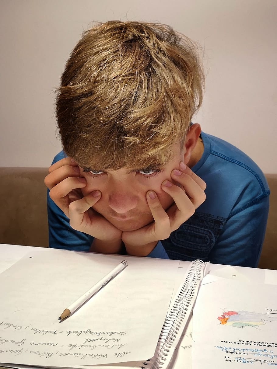 estudiants, aprendre, educació, estudiar, nens, llibres, persona, literatura, llegir, paper, humà, aversió, frustració, nen, nois, infància, mascles, retrat, homes, una persona, tirada al cap, a l'interior, taula, persones reals, estudiant, estils de vida, vista frontal, aprenentatge, emoció, material escolar, adolescent, innocència, nen pre-adolescent, 4K