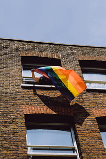 senyor que sosté la bandera, bandera, orgull, maó, finestra, paret, color, mà, diversitat, onada, persona, arc de Sant Martí, edifici, Londres, arquitectura, exterior de l'edifici, estructura construïda, façana, cap gent, a l'aire lliure, EUA, 5K, CC0, domini públic, lliure de regalies