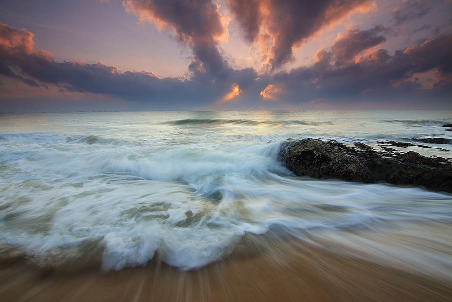 hav, ved siden af, kysten foto, baggrundsbelyst, strand, skyer, daggry, aften, landskab, lang eksponering, natur, ocean, klipper, sand, marinemaleri, kysten, kyst, himmel, storm, sol, solnedgang, surf, vand, bølger, skønhed i naturen, sky - himmel, bevægelse, scenics - natur, horisont over vand, bølge, sport, jord, vandsport, horisont, ingen mennesker, sløret bevægelse, udendørs, magt i naturen, 1080P