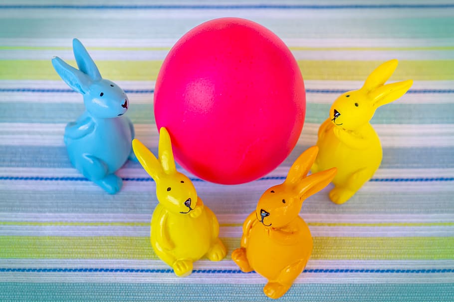 easter, easter bunny, easter egg, egg, hare, spring, cute, ears, decoration, easter decoration, easter theme, funny, colorful, figure, close up, greeting card, red, yellow, blue, orange, animal representation, representation, toy, still life, animal, no people, indoors, animal themes, celebration, group of objects, close-up, bird, multi colored, rubber duck, focus on foreground, young bird, 5K