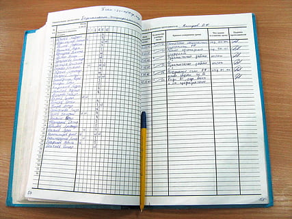 report, card, , class, classroom, college, education, exam, journal, knowledge, learn, lesson, nobody, open, school, paper, indoors, pen, publication, still life, book, pencil, no people, high angle view, directly above, close-up, table, page, white color, note pad, spiral notebook, writing instrument, studying, 720P, CC0, public domain, royalty free